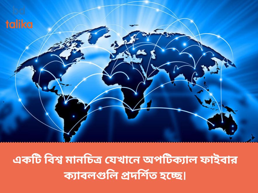 একটি বিশ্ব মানচিত্র যেখানে অপটিক্যাল ফাইবার ক্যাবলগুলি প্রদর্শিত হচ্ছে।